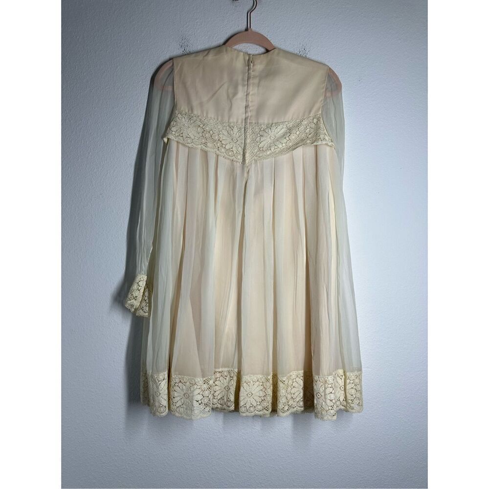Rare Vintage Pleated Mini Dress Lace Trim Lined Sheer Size 5 (M) Cream Back Zip - Picture 2 of 15